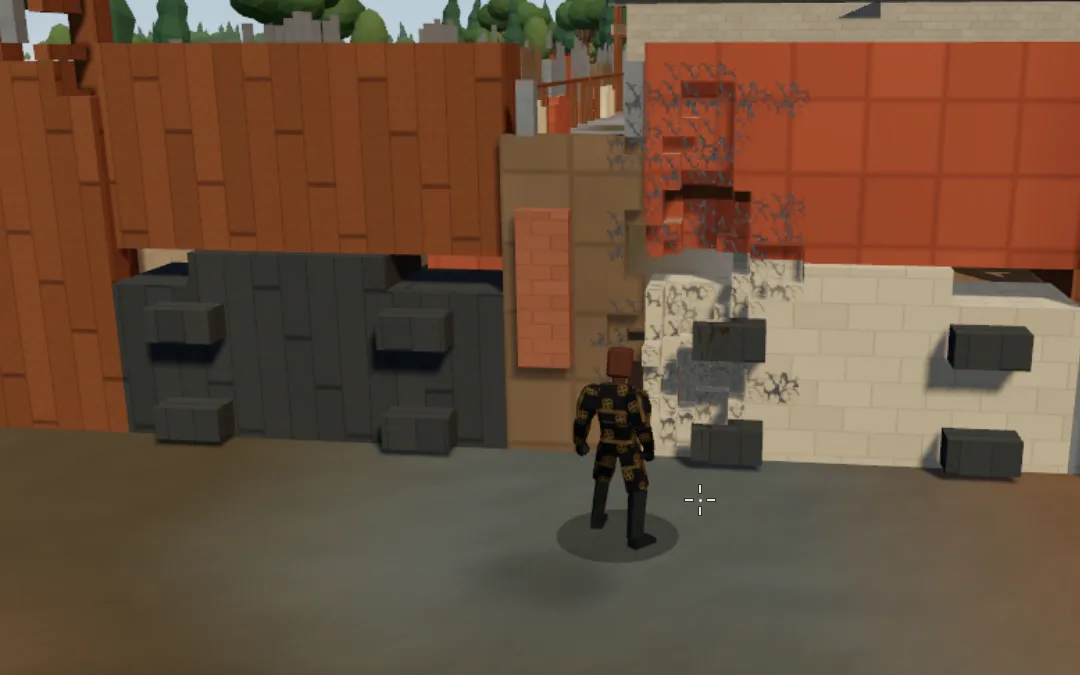 A figure stands in front of a raider fort's scrap wall. The cream brick section is cracked and torn open where it was punched through.