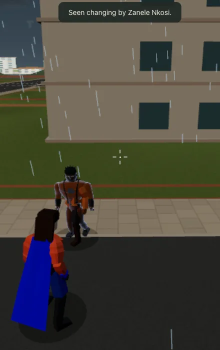 In the rain outside an office block, the caped hero faces a coworker in a courier jacket. On screen: Seen changing by Zanele Nkosi.