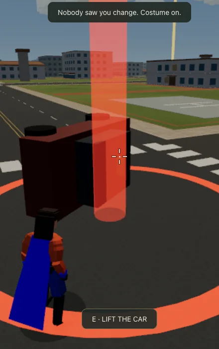 In costume and cape at a crossroads, the hero stands beside a flipped car inside an orange ring. On screen: Nobody saw you change. Costume on.