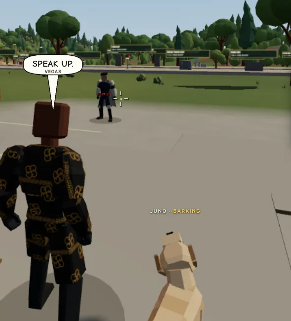 A man in a patterned jacket says Speak up. Juno, a labradoodle marked Barking, faces a stranger across the yard.