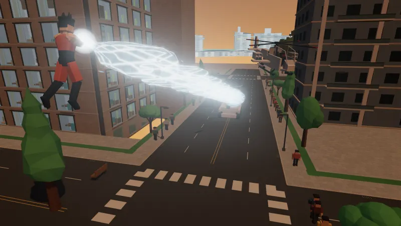 An Ascendant in red hovers beside an apartment block and fires a crackling white lightning beam down a city street toward a helicopter.