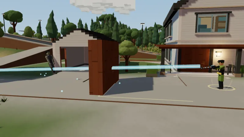 A soldier in green fires a railgun. A bright blue trail runs straight through a wooden wall toward a target behind it.