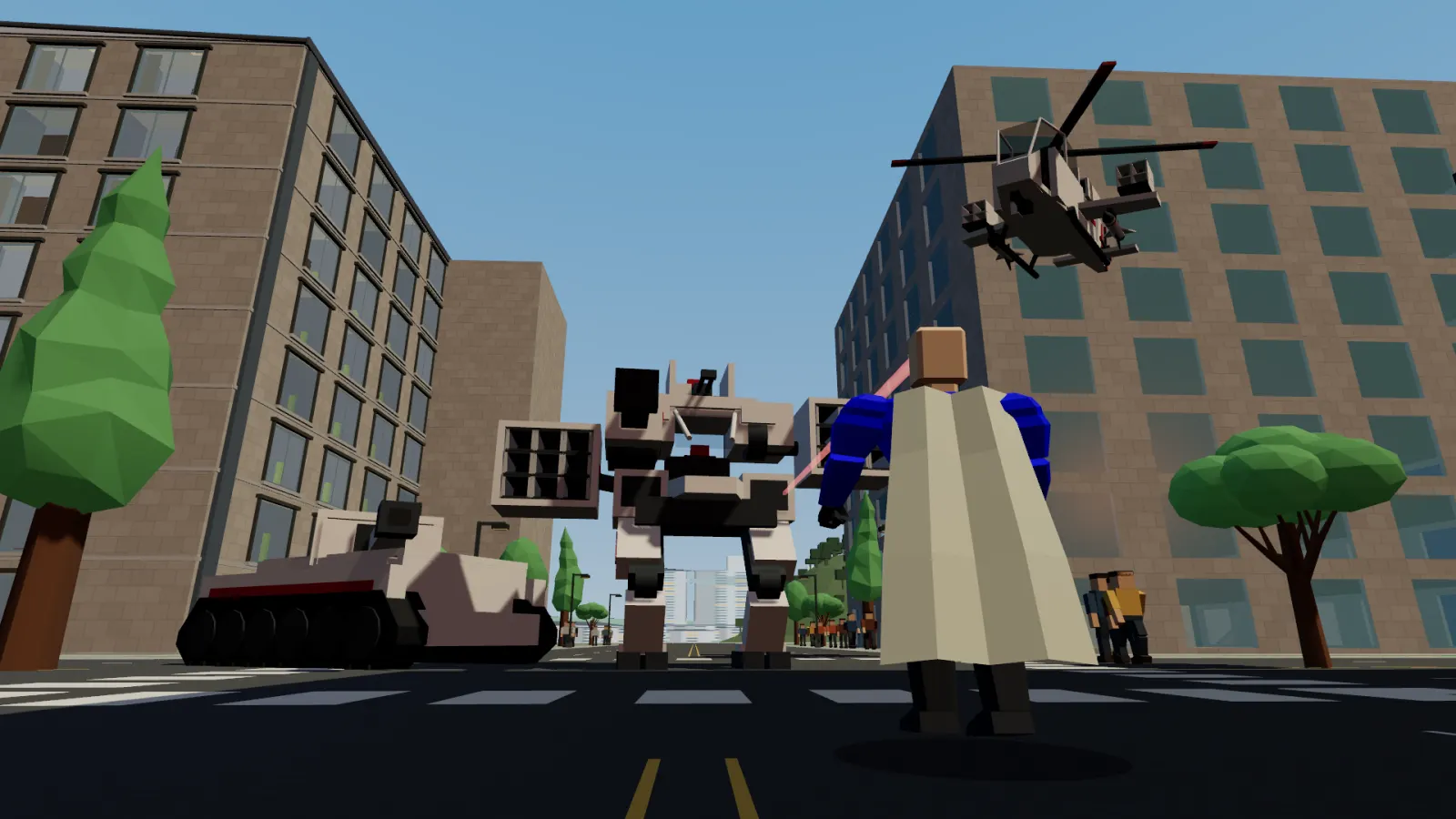 A cloaked hero faces a two-legged walker mech with missile pods in a city street. A tank sits to the left and an attack helicopter hovers overhead.